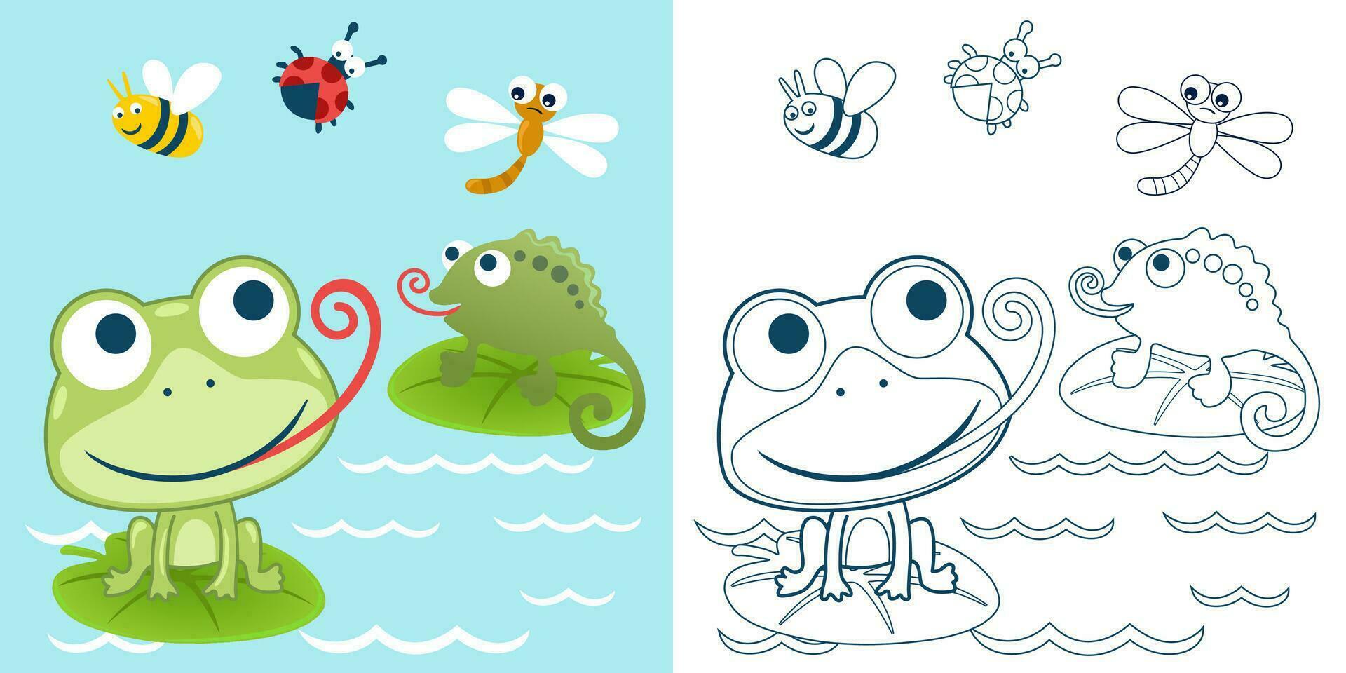 Vector illustration of cartoon frog and chameleon on lotus leaf with bugs. Coloring book or page