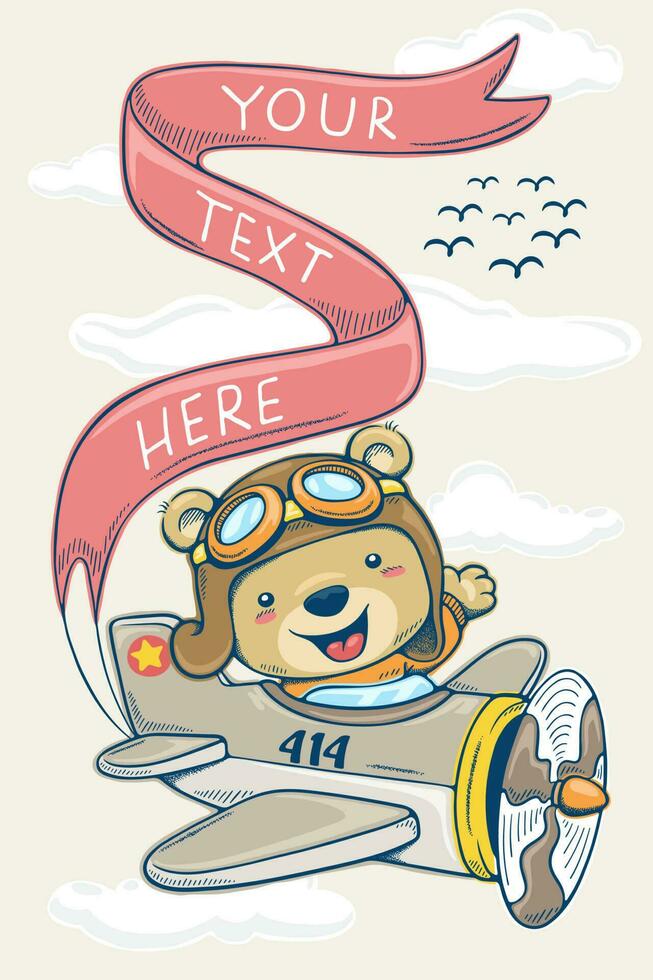 Vector illustration in hand drawn concept, cartoon teddy bear on vintage airplane pulling banner