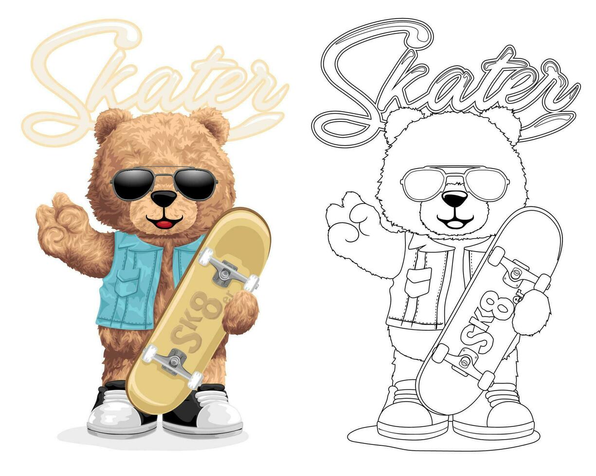 Hand drawn vector illustration of teddy bear wearing sunglasses and vest with skateboard. Coloring book or page