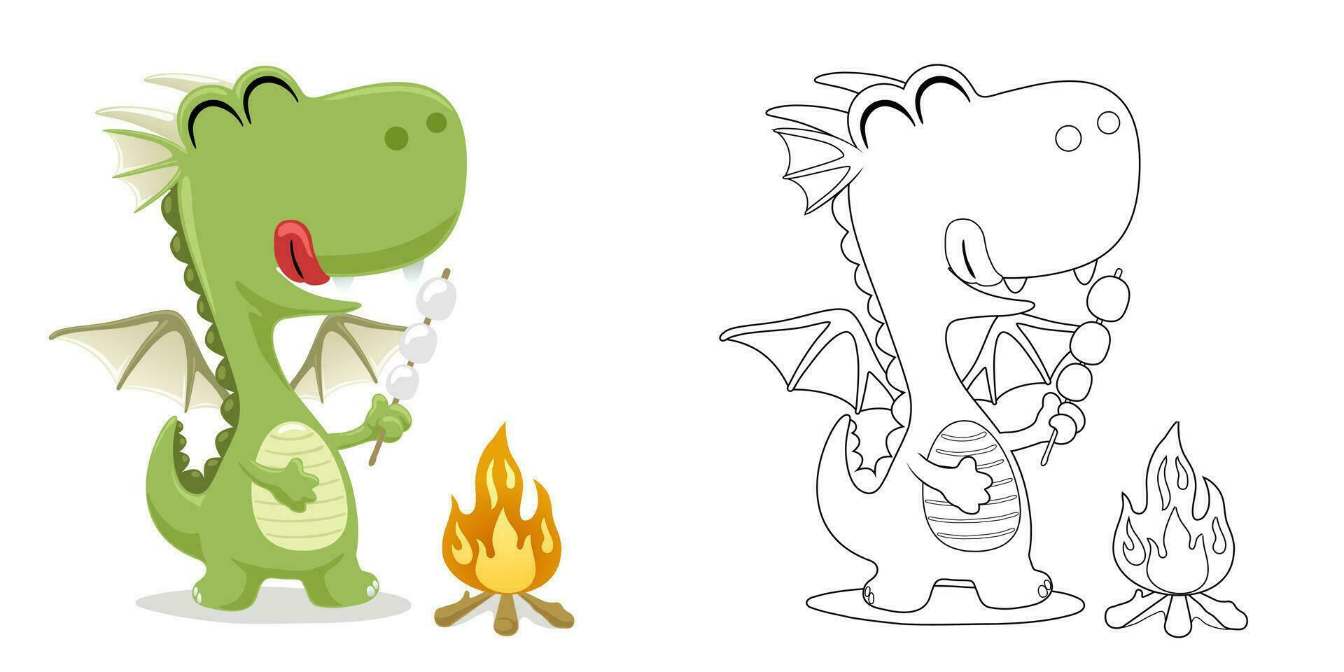 Vector illustration of cartoon funny dragon roasting meatballs. Coloring book or page for kids