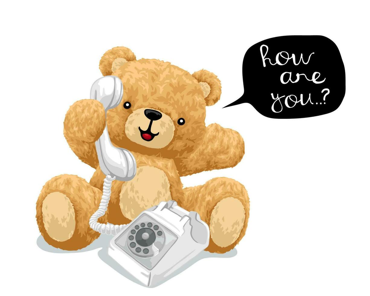 Hand drawn vector illustration of teddy bear with old telephone