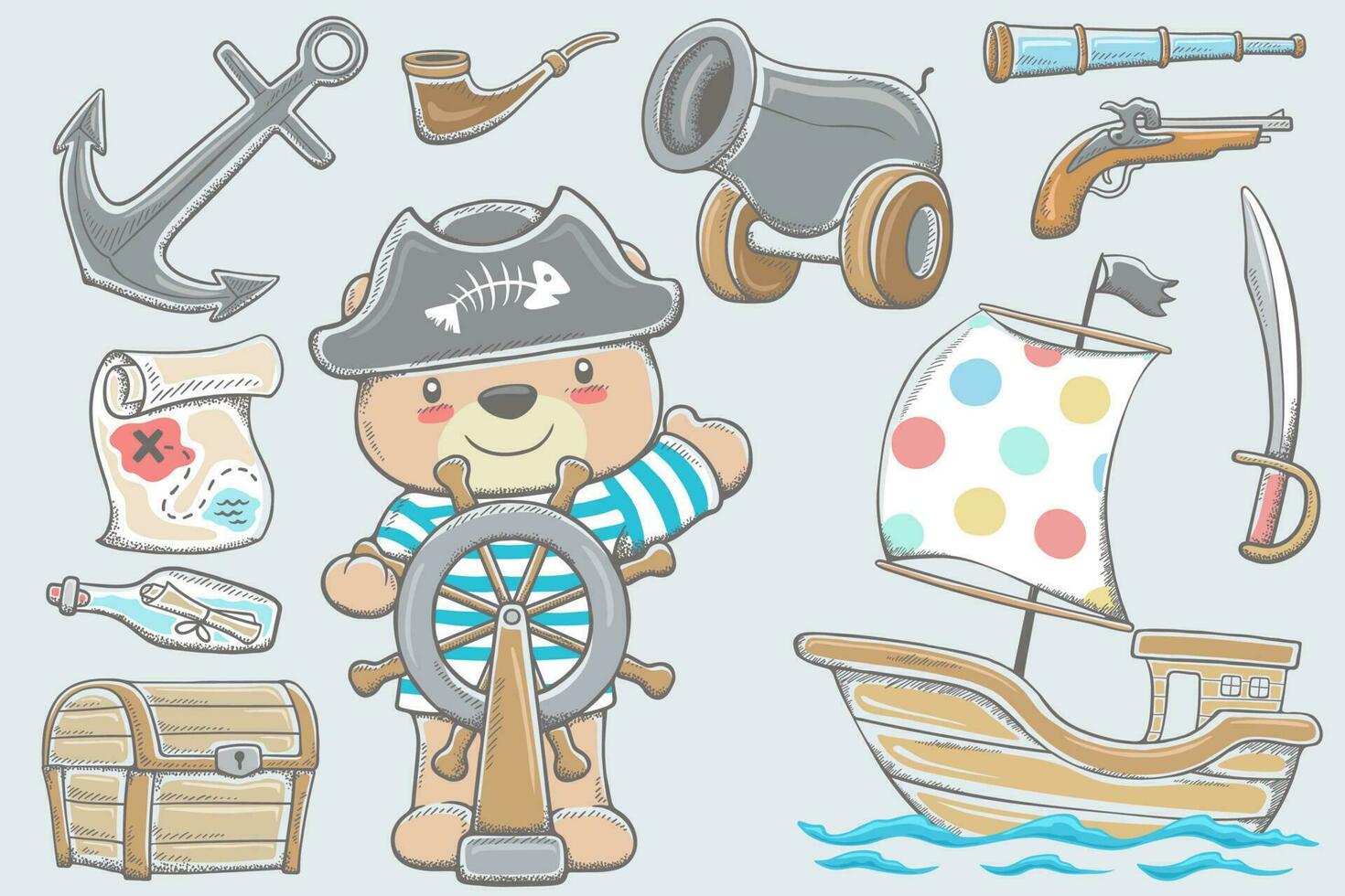 Vector illustration of hand drawn funny bear cartoon in pirate costume, cartoon pirate elements