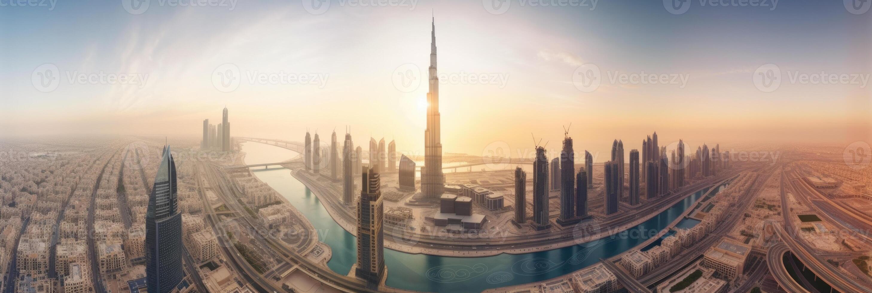 Amazing Panoramic View of Dubai City Skyscraper During Sunset or Sunrise. Technology. photo