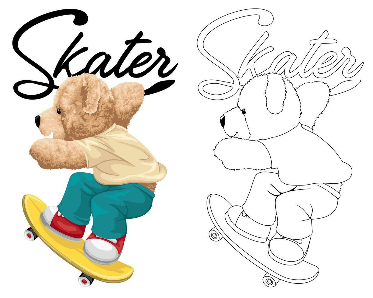 Hand drawn vector illustration of teddy bear playing skateboard. Coloring book or page