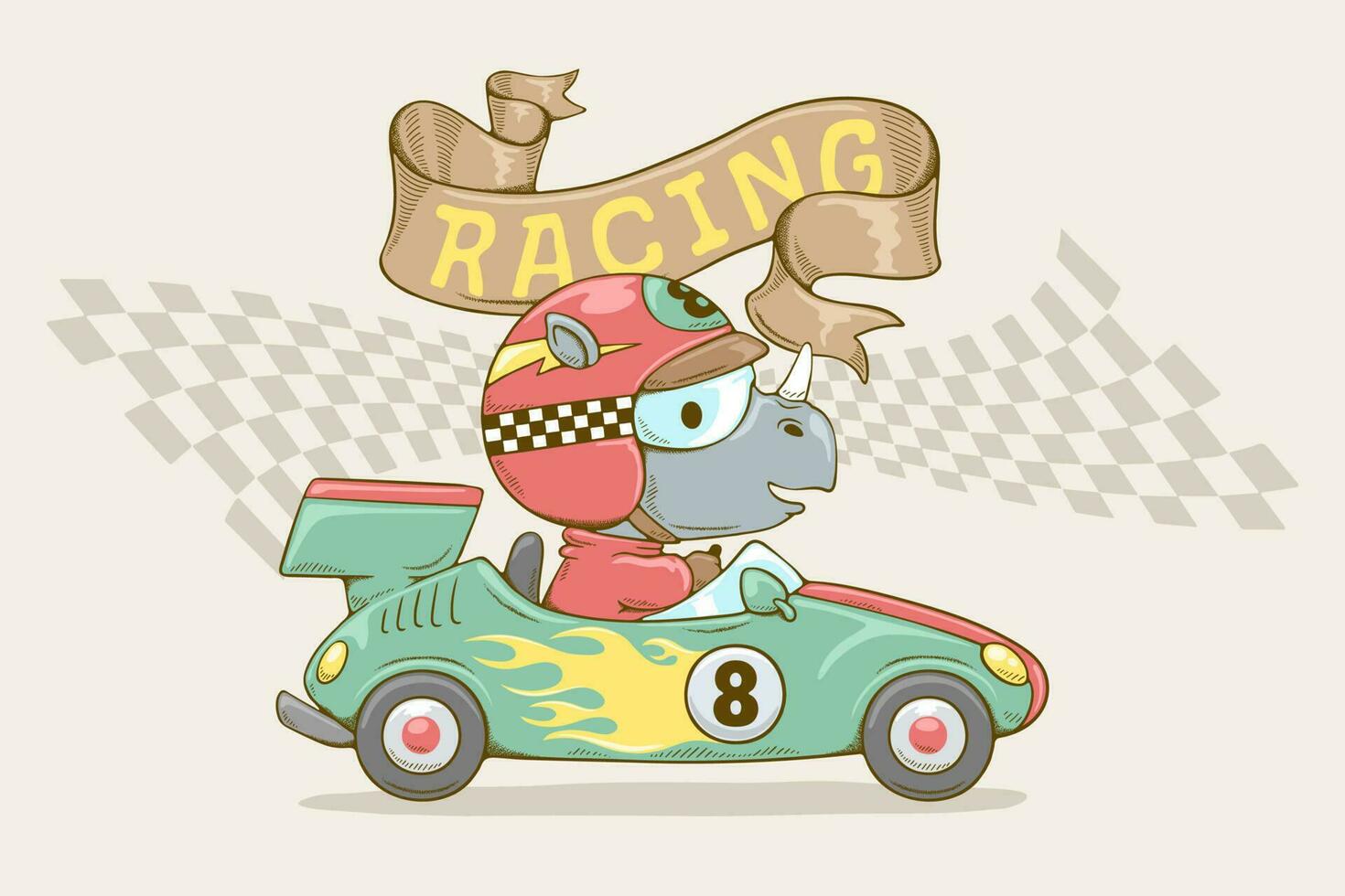 Vector illustration in hand drawn concept, cartoon funny rhino in racer costume on racing car