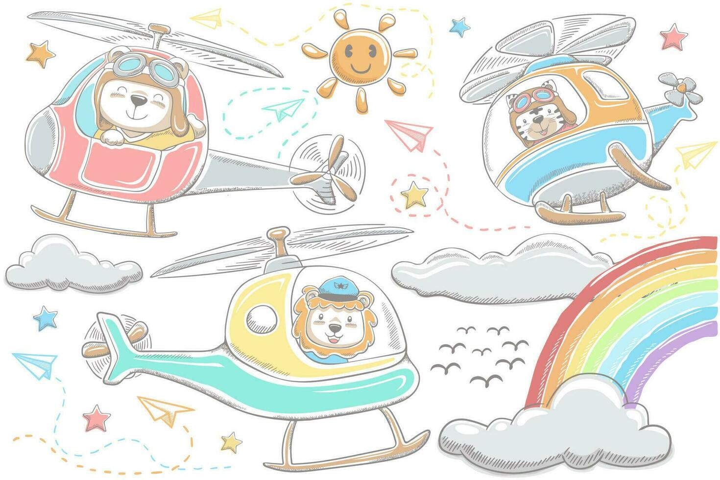 Vector illustration of hand drawn funny animals cartoon on helicopters, sky object elements cartoon