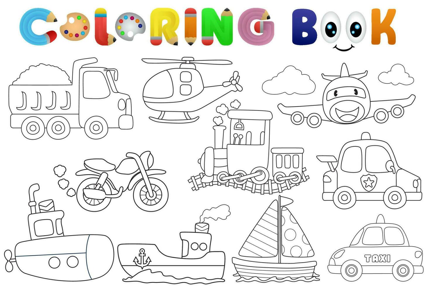 Coloring book or page, set of transportations cartoon vector
