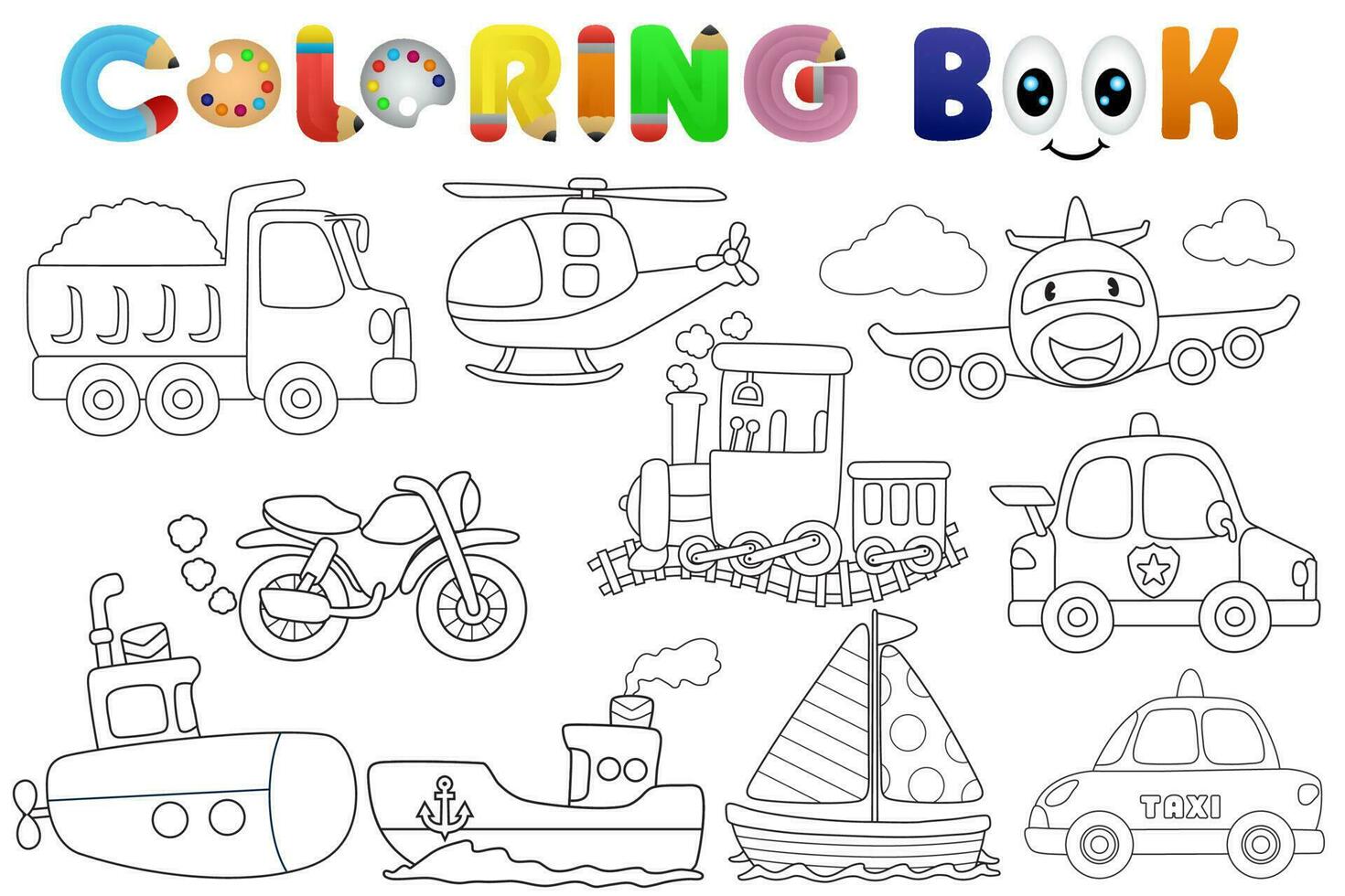 Coloring book or page, set of transportations cartoon vector