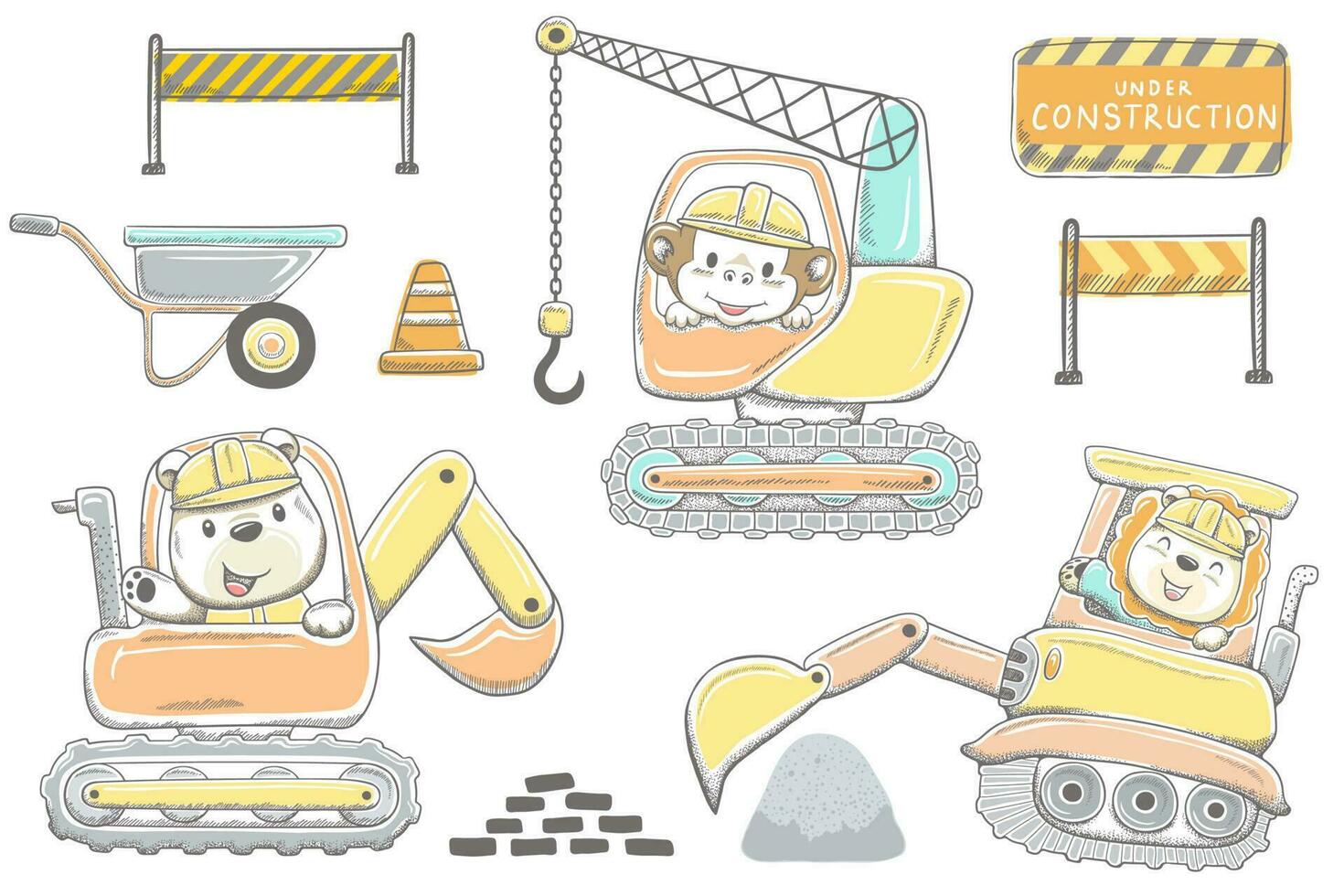 Vector illustration of hand drawn animals cartoon on construction vehicles, set of construction sign