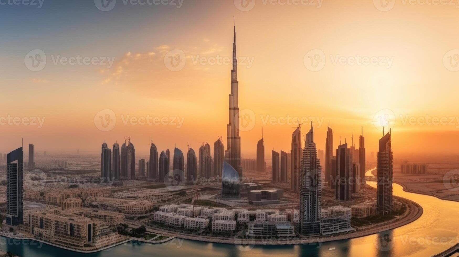 Amazing Panoramic View of Dubai City Skyscraper During Sunset or Sunrise. Technology. photo