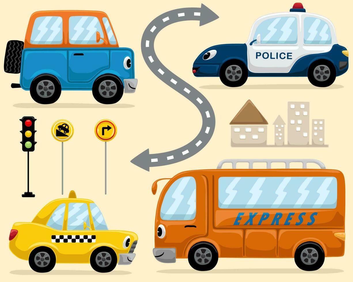 Set of hand drawn funny vehicles cartoon with traffic sign, road and buildings. vector