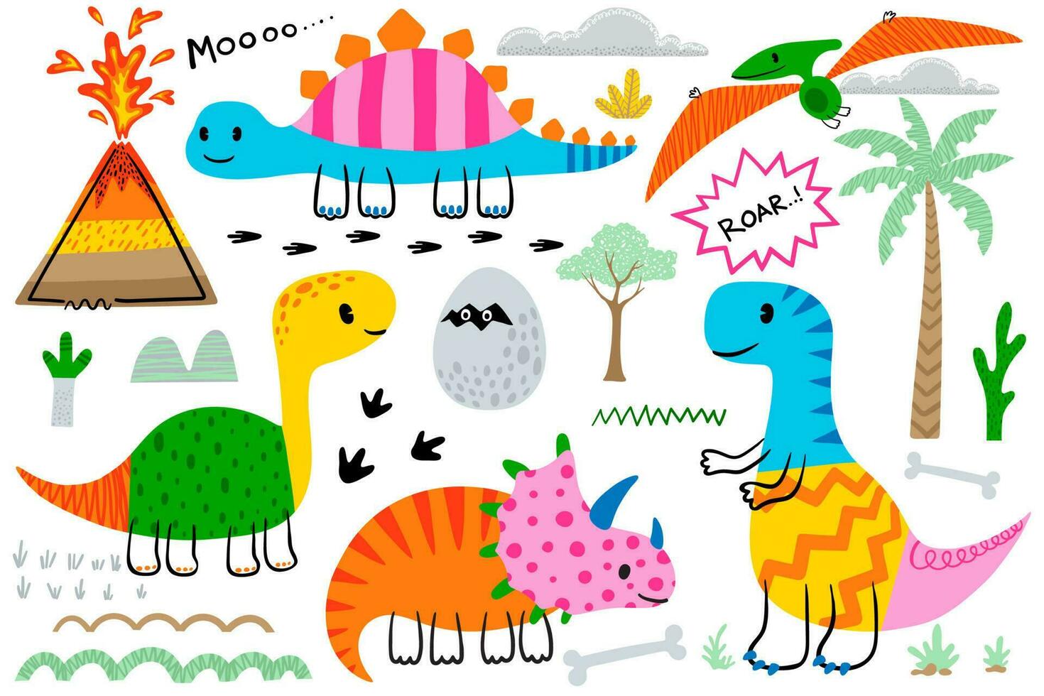 Doodle dinosaurs hand drawn vector illustration with the elements