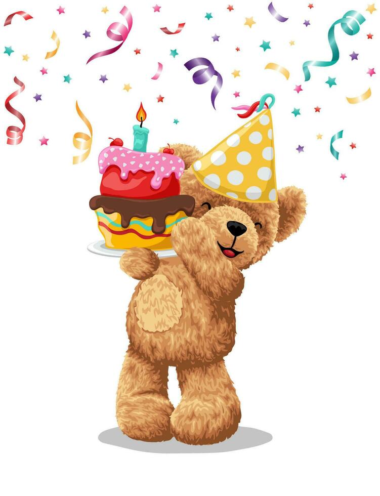 Hand drawn teddy bear cartoon with cake in birthday party vector