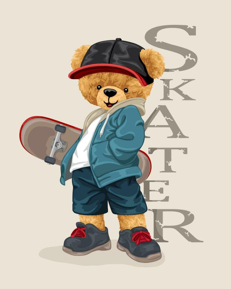 Hand drawn vector illustration of teddy bear in urban style holding skateboard