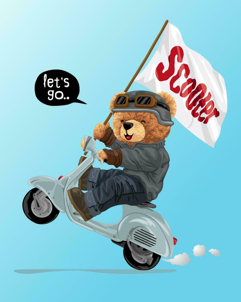 Hand drawn vector illustration of teddy bear riding scooter while holding flag