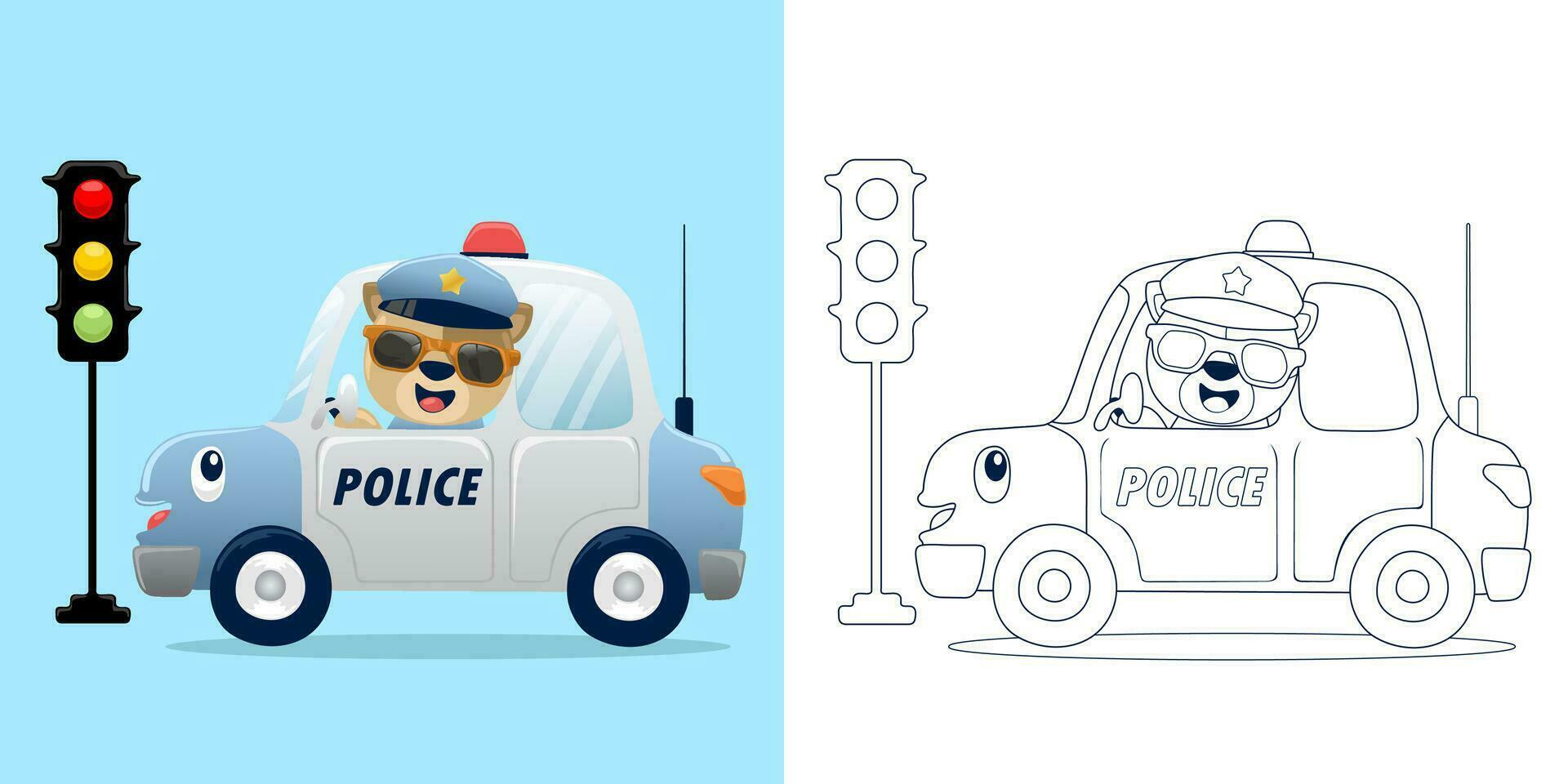 Vector illustration of cartoon cute cat on police car with stoplight. Coloring book or page