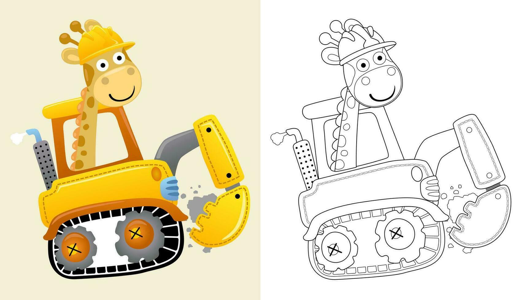 Vector illustration of cartoon giraffe on construction vehicle. Coloring book or page for kids