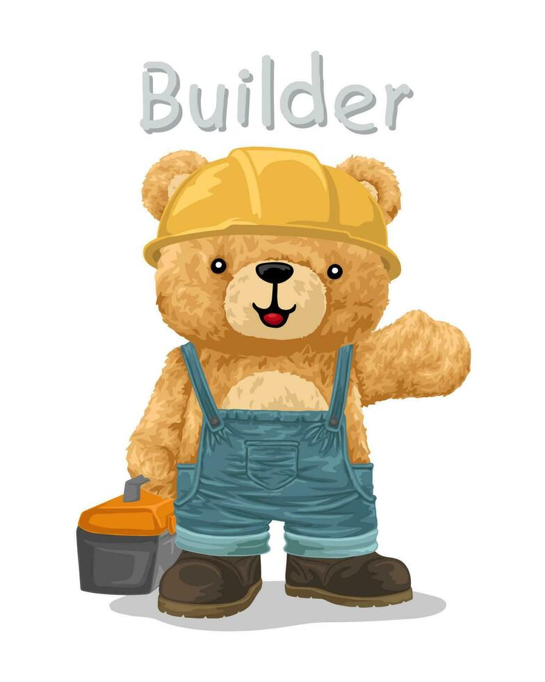 Hand drawn vector illustration of teddy bear in builder costume with tool box