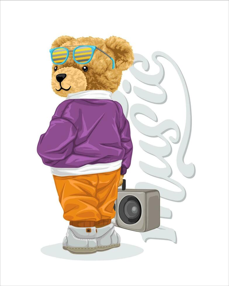 Hand drawn teddy bear cartoon in hip hop style with tape recorder vector