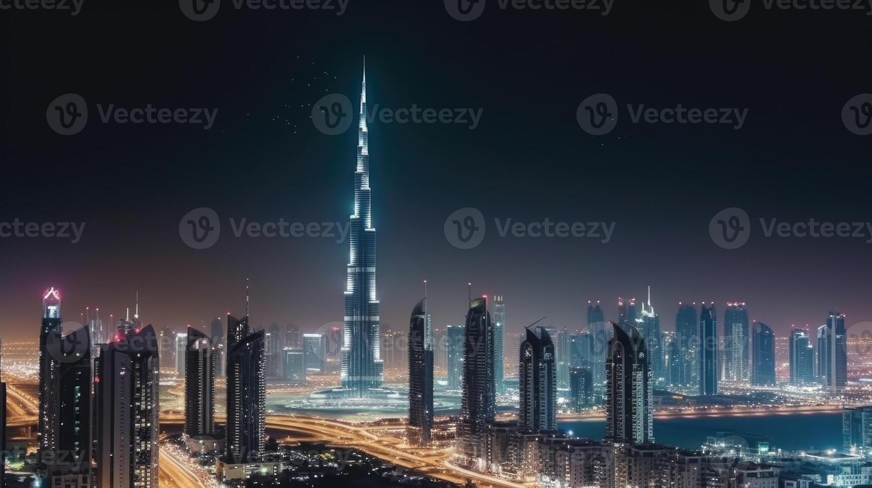Dubai, UAE Cityscape at Night with Lights Overlooking the Burj Khalifa. Amazing Tourist Destination, Technology. photo