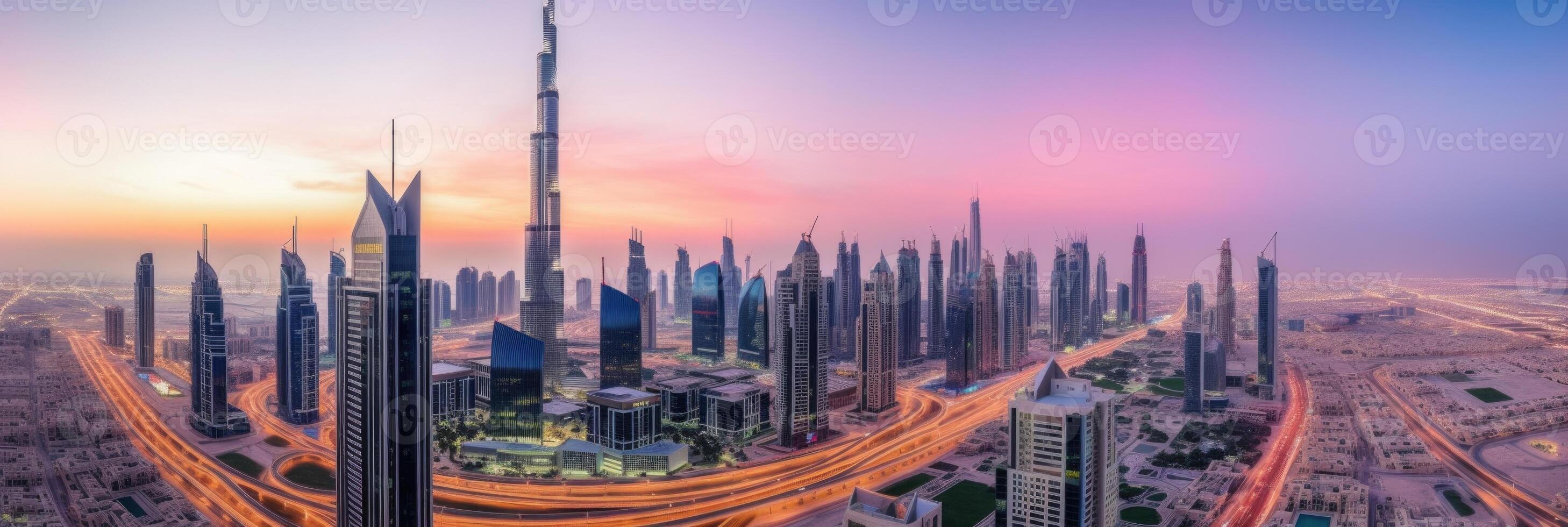 increíble puesta de sol o amanecer ver de dubai ciudad con rascacielos edificios y mas ocupado carretera. generativo ai tecnología. foto