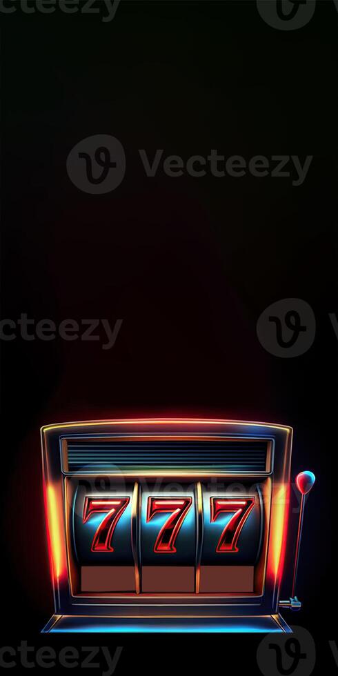 Shiny Casino Slot Machine with Winning Combination of Triple Seven. Casino Games Concept, Lucky One Armed Bandit. Vertical Banner Design and Copy Space. Technology. photo