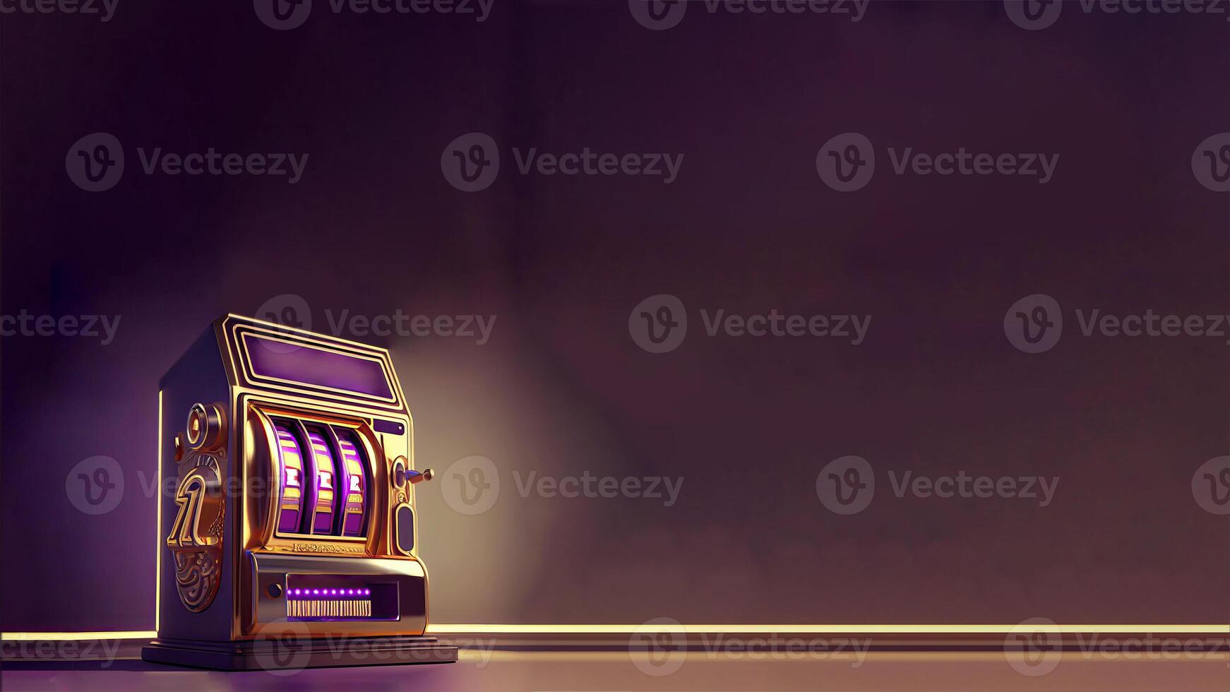 Casino Slot Machine with Winning Combination in Golden and Purple Color. Gambling Addiction, Casino Games Concept. Technology. photo