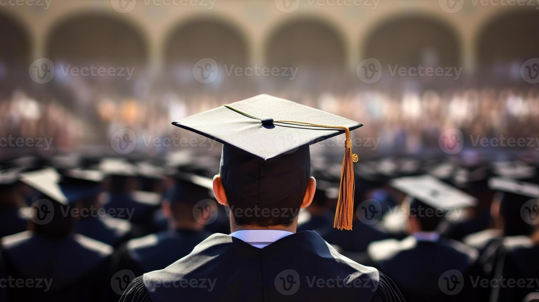 Back of graduates insides the center of graduation at college. Creative resource, photo