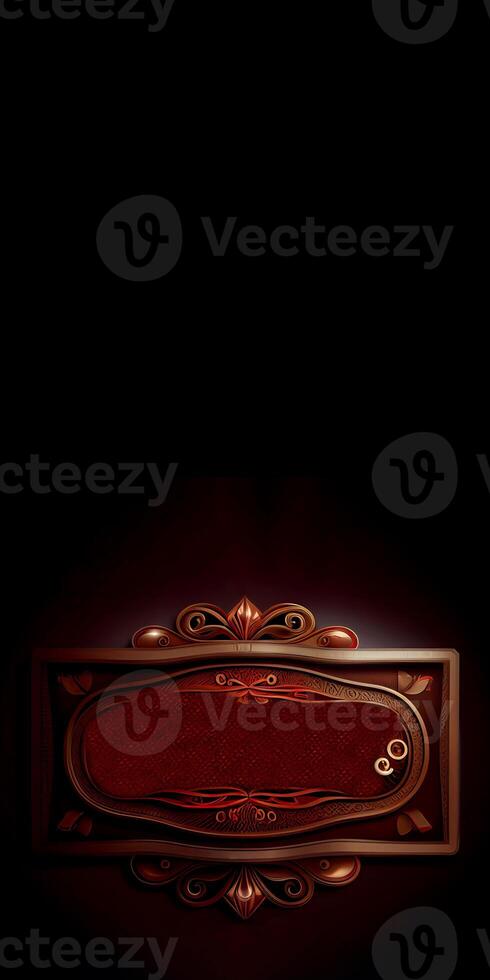 Golden and Red Blank Vintage Rectangle Frame or Board on Dark Background. Vertical Banner Design and Copy Space. Technology. photo
