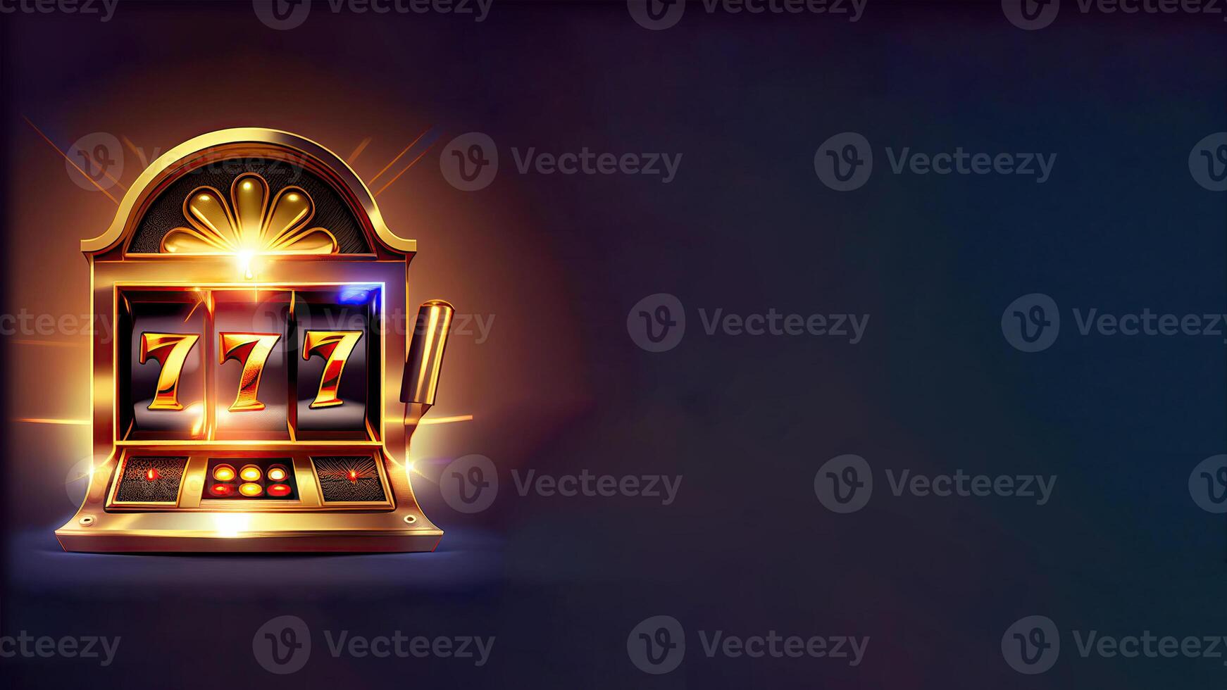 Glowing Golden Casino Slot Machine with Winning Combination of Triple Seven. Gambling Addiction, Casino Games Concept. Lucky One Armed Bandit, Technology. photo