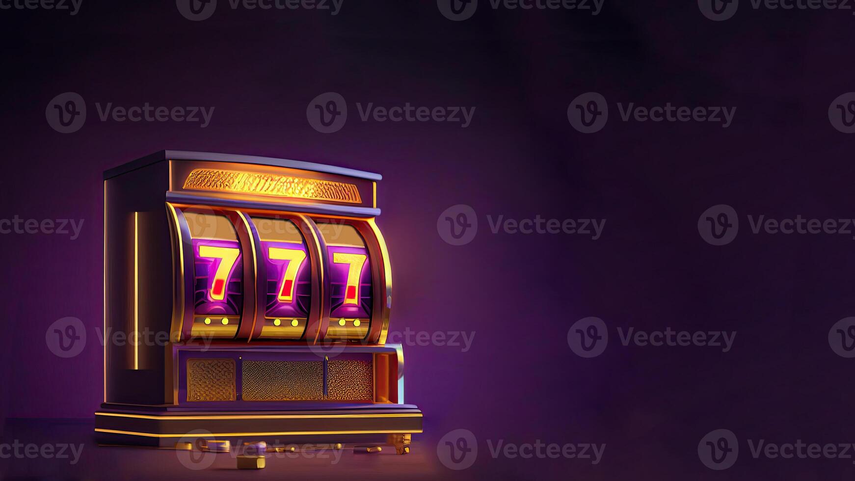 Golden and Purple Shiny Casino Slot Machine with Winning Combination of Triple Seven. Gambling Addiction, Casino Games Concept. Technology. photo