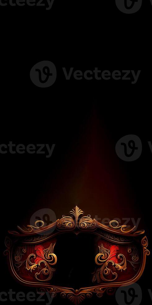 Golden and Red Old-Fashioned Baroque Frame or Board with Copy Space on Dark Background. Vertical Banner Design, Technology. photo