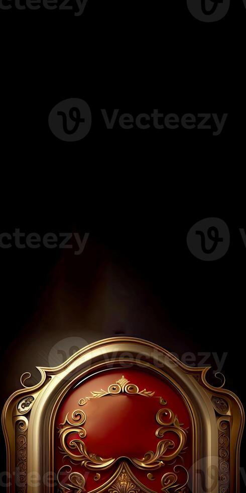 Golden and Red Old-Fashioned Baroque Frame or Board with Copy Space on Dark Background. Vertical Banner Design, Technology. photo