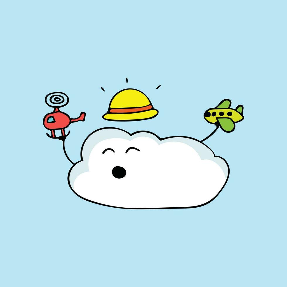 cute cloud wear sun hat playing with helicopter and airplane vector Cartoon Mascot Character Vector illustration color children cartoon clipart