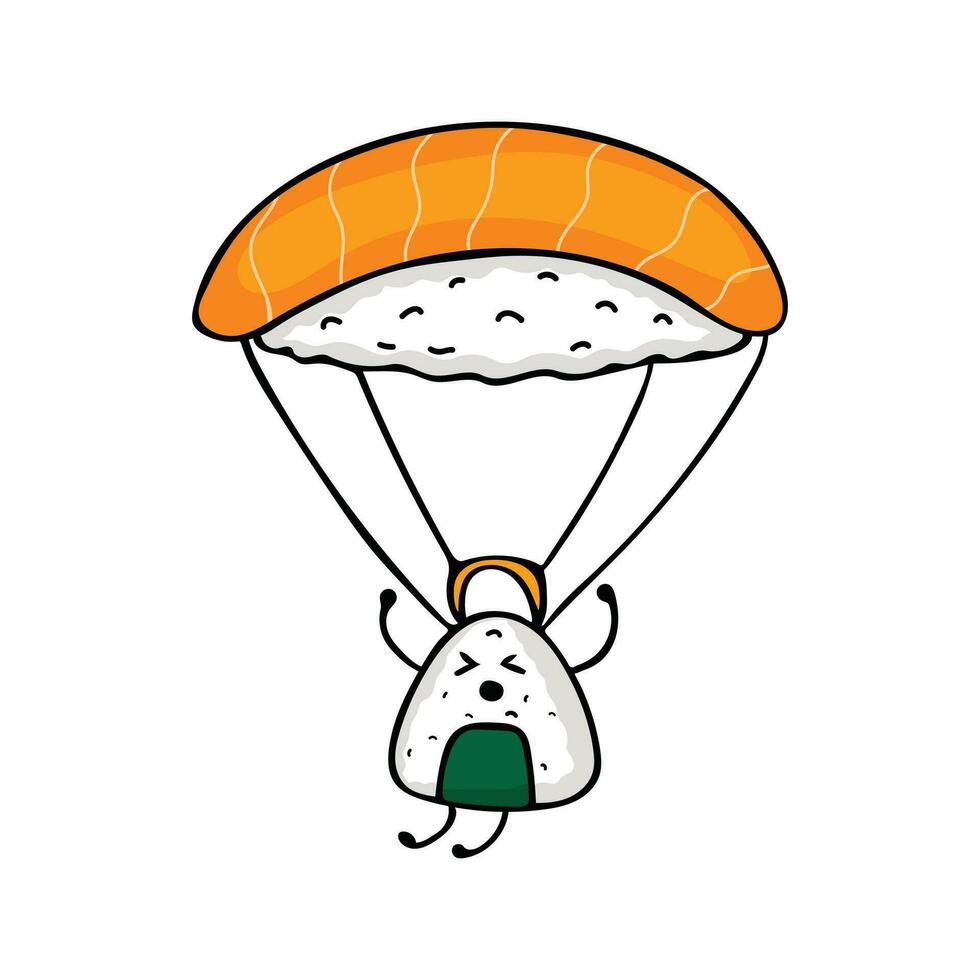 linda mascota dibujos animados arroz japonés Sushi es paracaidismo vector