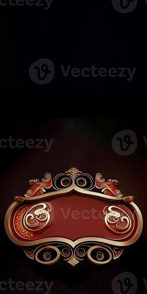 Golden and Red Vintage Frame or Board on Dark Background. Vertical Banner Design and Copy Space. Technology. photo