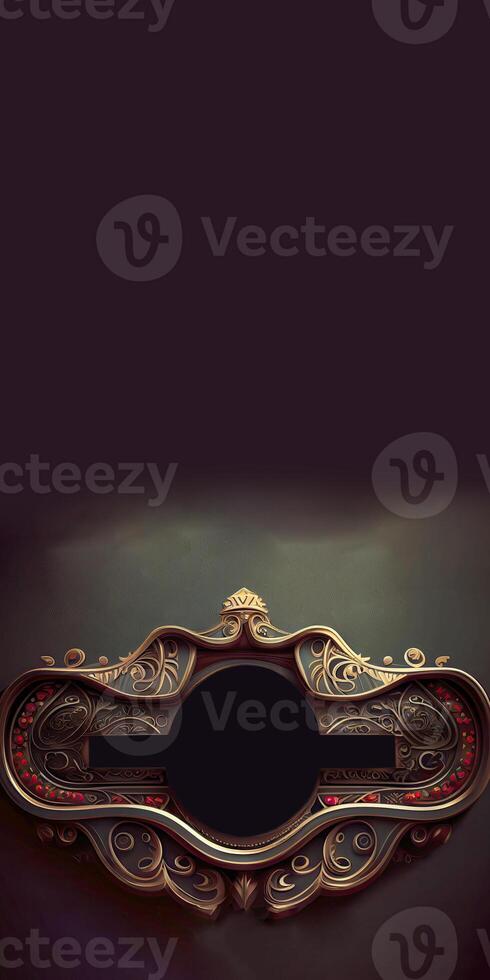 Golden and Red Old-Fashioned Baroque Frame or Board on Dark Background. Vertical Banner Design and Copy Space. Technology. photo