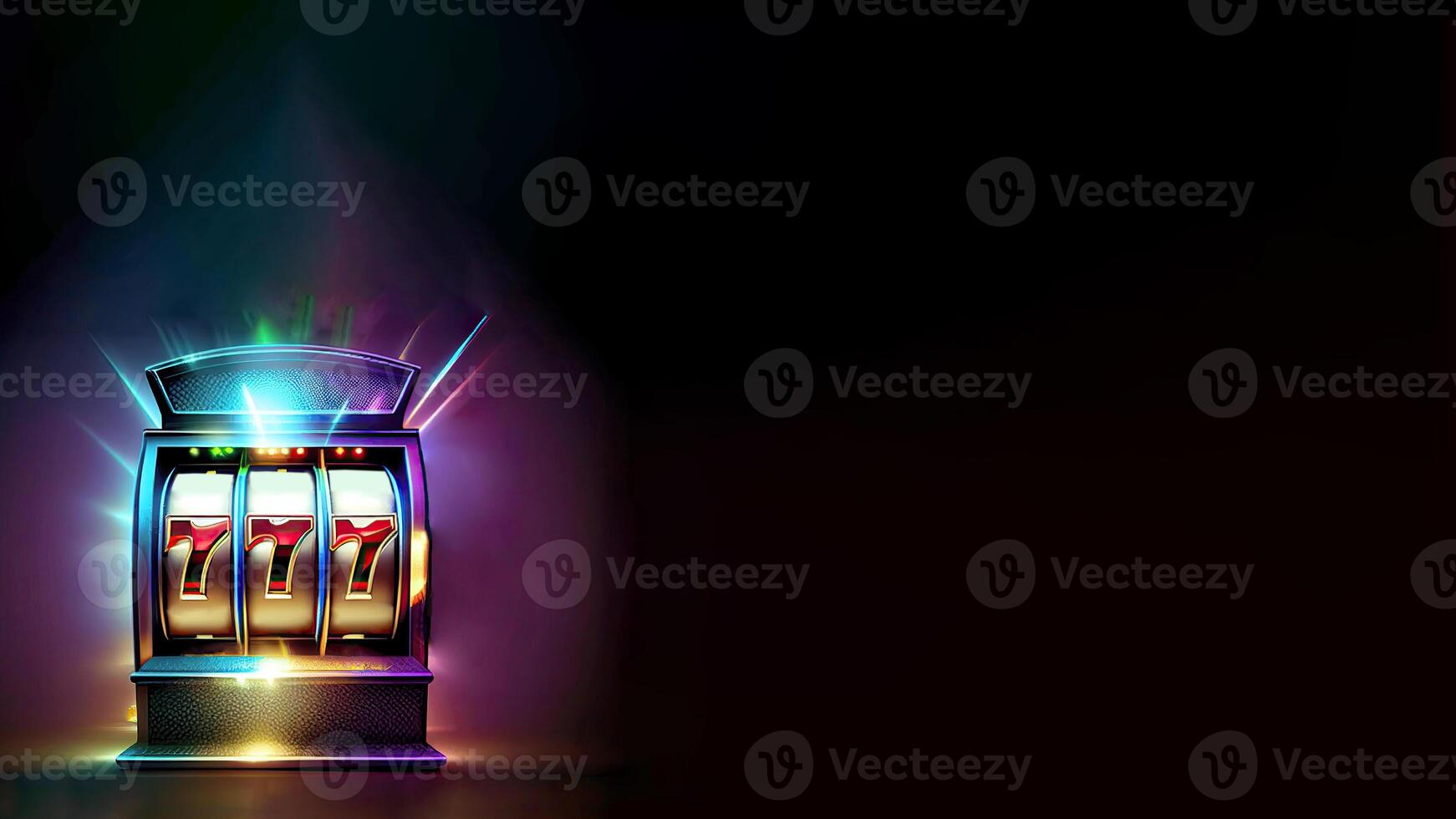 Neon Shine Slot Machine with Winning Combination of Triple Seven. Casino Games Concept, Technology. photo