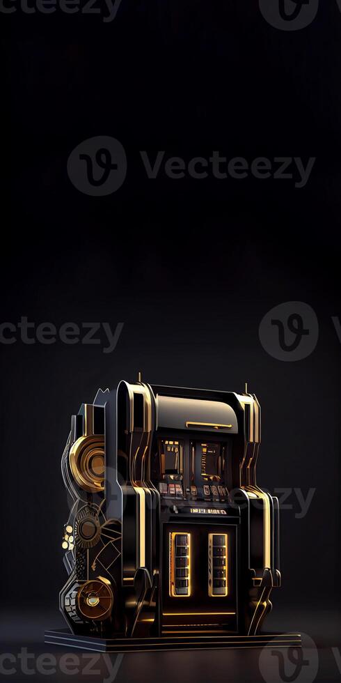 Full Length of Old-Fashioned Slot Machine in Black and Golden Color Against Background with Copy Space. Casino Games Concept, Technology. photo