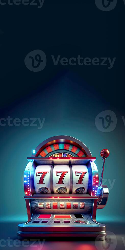 Casino Slot Machine with Winning Combination of Triple Seven. Casino Games Concept, Lucky One Armed Bandit. Vertical Banner Design and Copy Space. Technology. photo