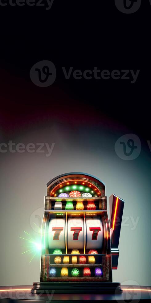 Glowing Casino Slot Machine with Winning Combination of Triple Seven. Casino Games Concept, Lucky One Armed Bandit. Vertical Banner Design and Copy Space. Technology. photo
