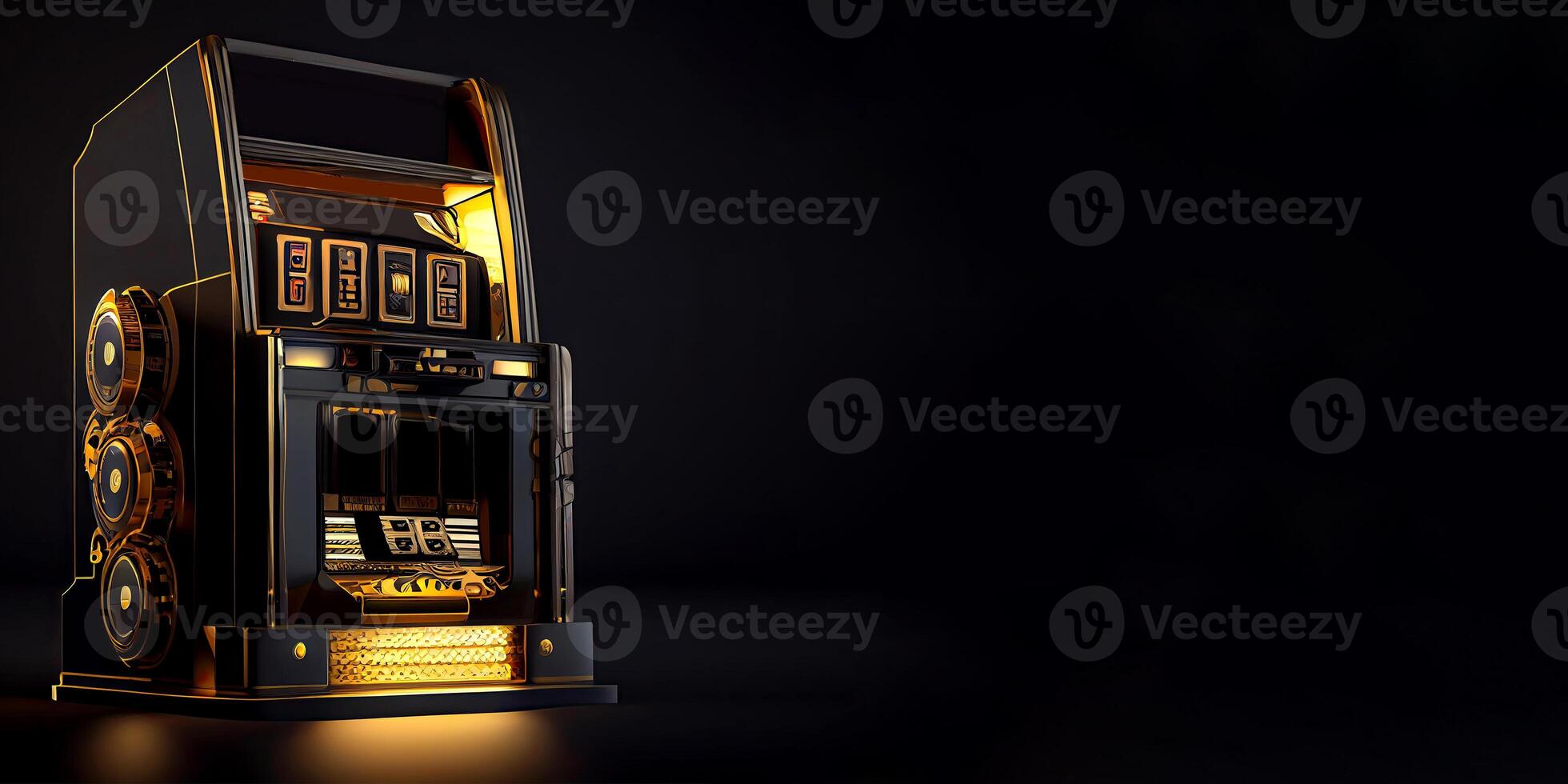 Full Length of Old-Fashioned Slot Machine in Black and Golden Color Against Background with Copy Space. Casino Games Concept, Technology. photo