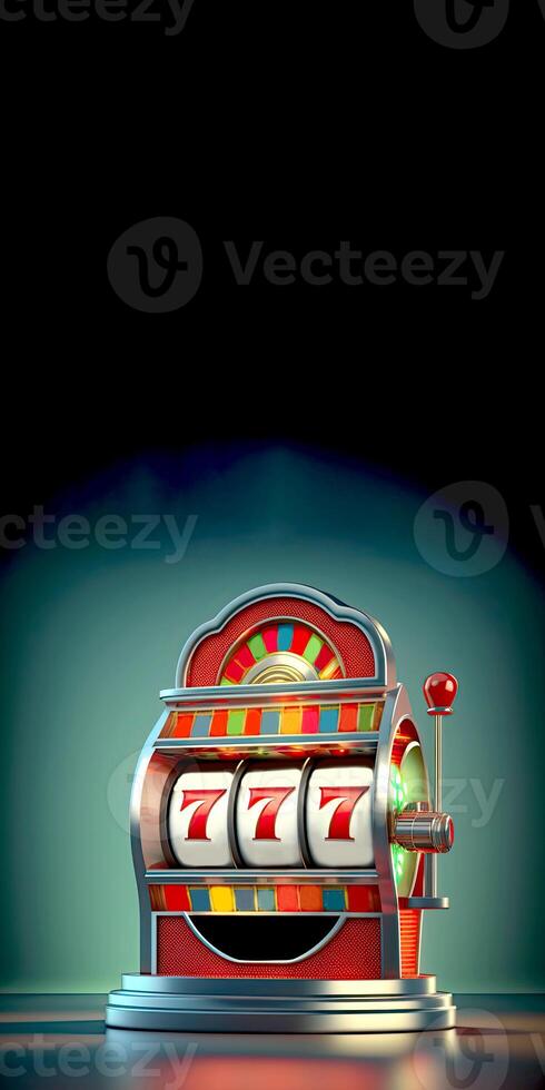Shiny Casino Slot Machine with Winning Combination of Triple Seven. Casino Games Concept, Lucky One Armed Bandit. Vertical Banner Design and Copy Space. Technology. photo