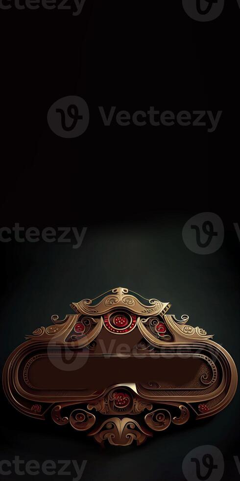 Golden and Brown Old-Fashioned Baroque Signboard on Dark Background. Vertical Banner Design and Copy Space. Technology. photo
