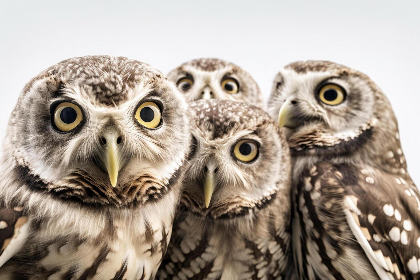 Group of owls isolated on a white background. Shallow depth of field photo