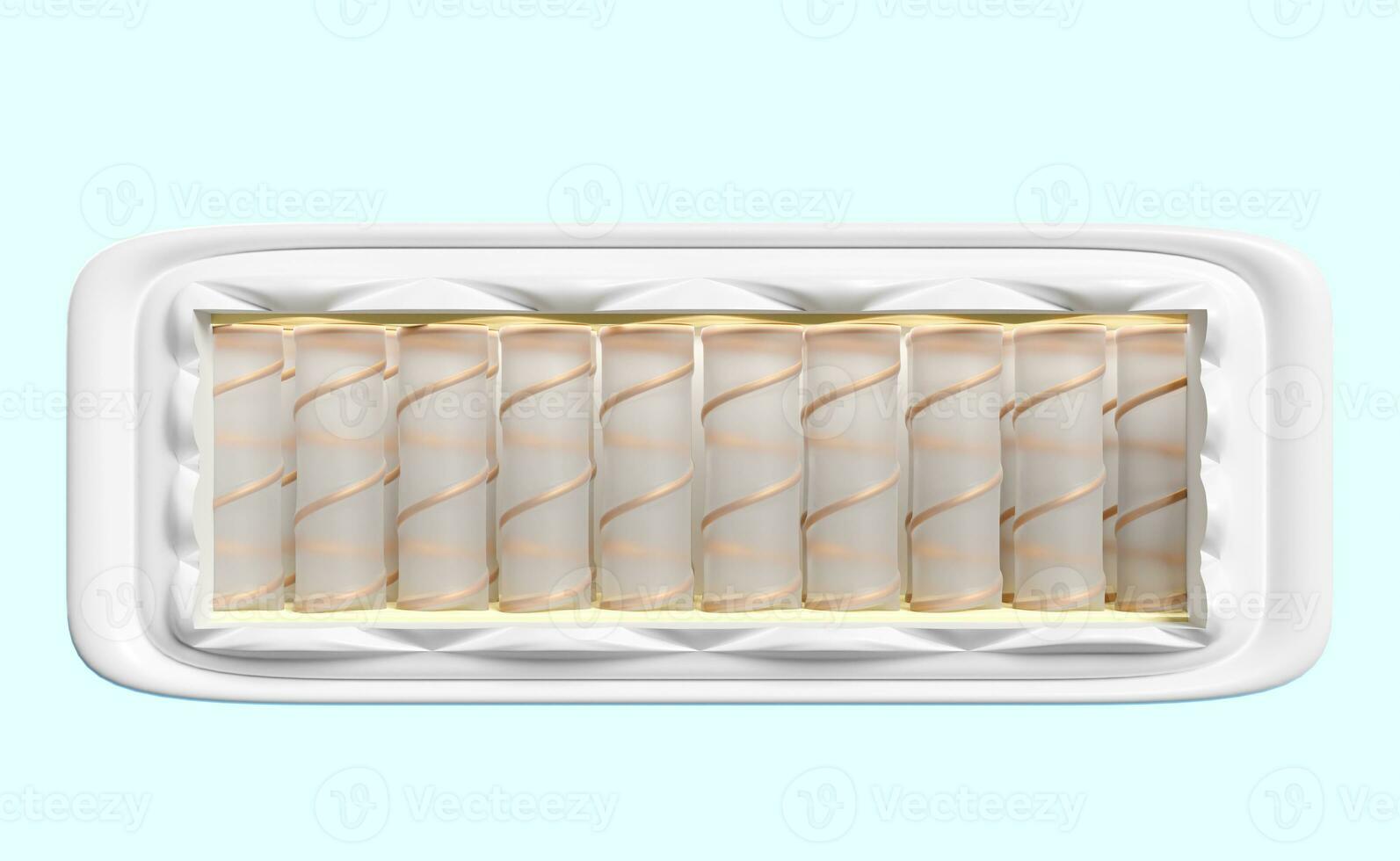 3d layered sheet material mattress with air fabric, pocket springs isolated on blue background. 3d render illustration, clipping path photo