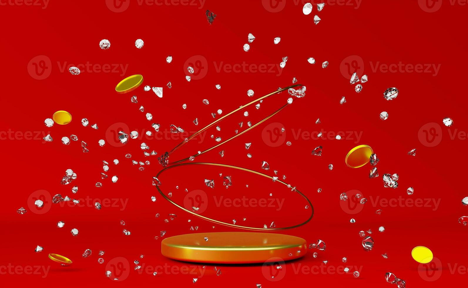 podium empty with gold coins and diamonds in red composition for modern stage display and minimalist mockup ,abstract showcase background ,Concept 3d illustration or 3d render photo
