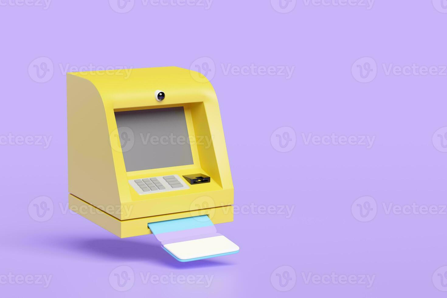 3d account bankbook into passbook update machine isolated on purple background. 3d illustration render, clipping path photo