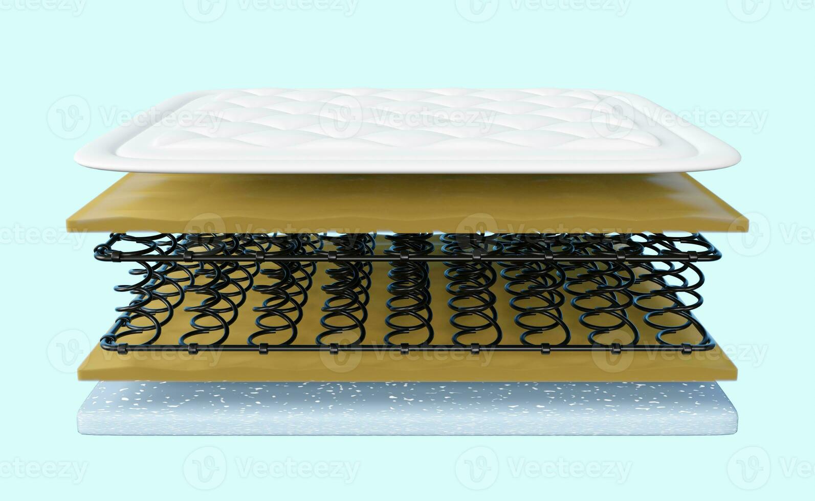 3d layered sheet material mattress with air fabric, coil spring, memory foam, soft sponge isolated on blue background. 3d render illustration, clipping path photo