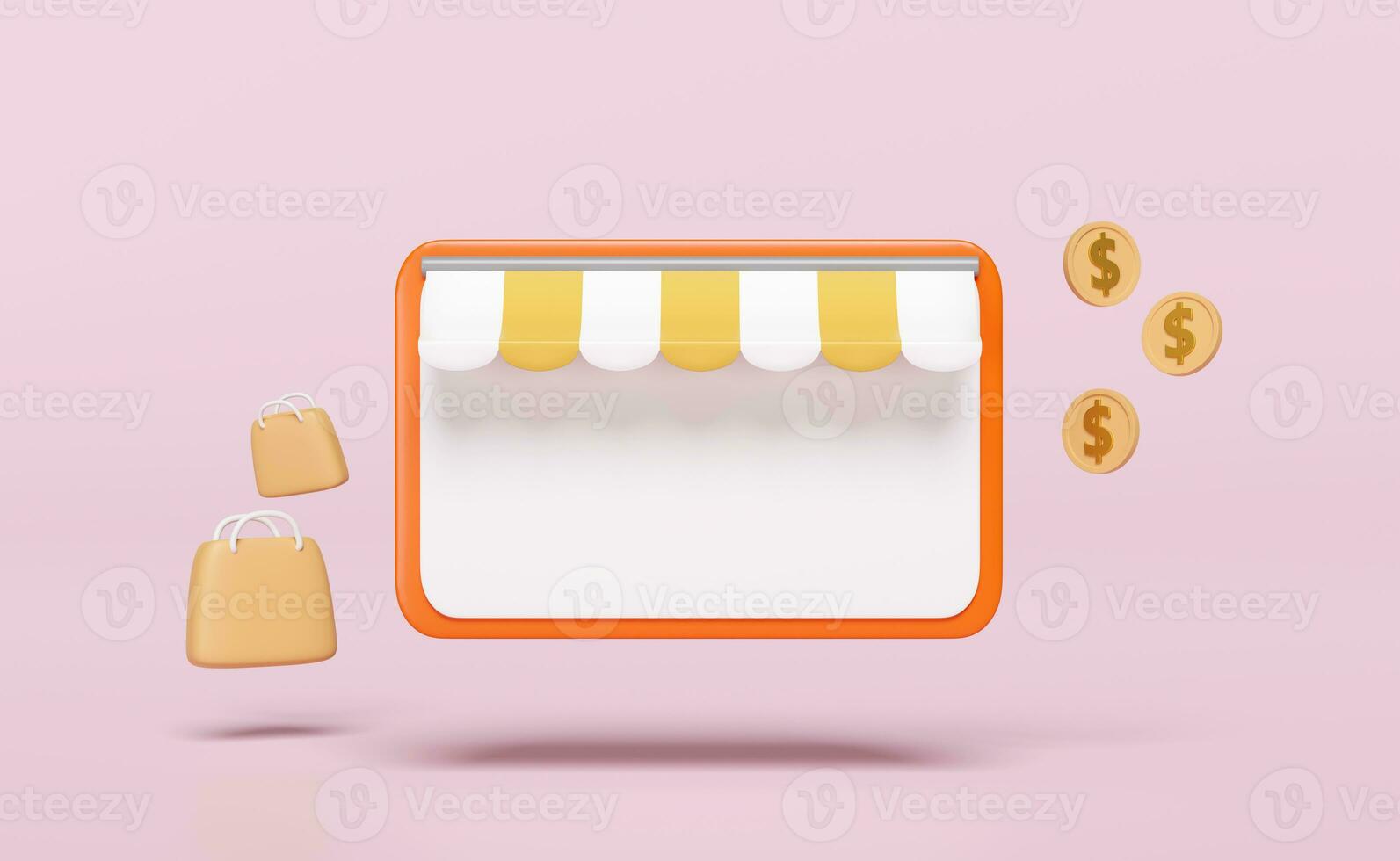 3d orange mobile phone, smartphone with store front,  paper bags, coins isolated on pink background. online shopping, minimal concept, 3d render illustration, clipping path photo